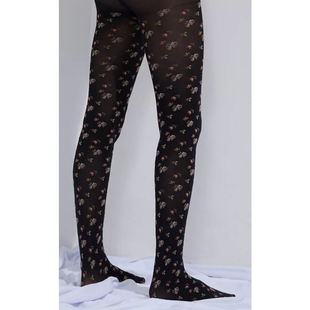 ANTHROPOLOGIE Ditsy Floral Tights Size Small Opaque NWT Pink Flowers - Picture 2 of 5